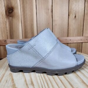 Sorel Joanie II Slide Shoes Womens 7 Gray Mule Open Toe Leather Sandal
